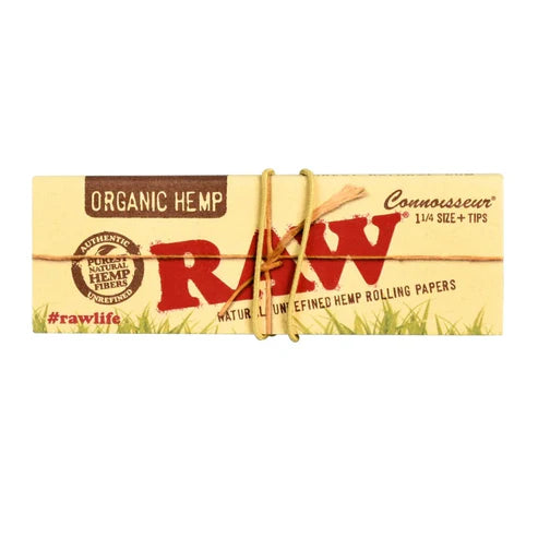 RAW Connoisseur Organic Hemp Rolling Papers & Tips | 1 1/4 Size | 1pk | 50 Tips per Pack | 50 Leaves per Pack