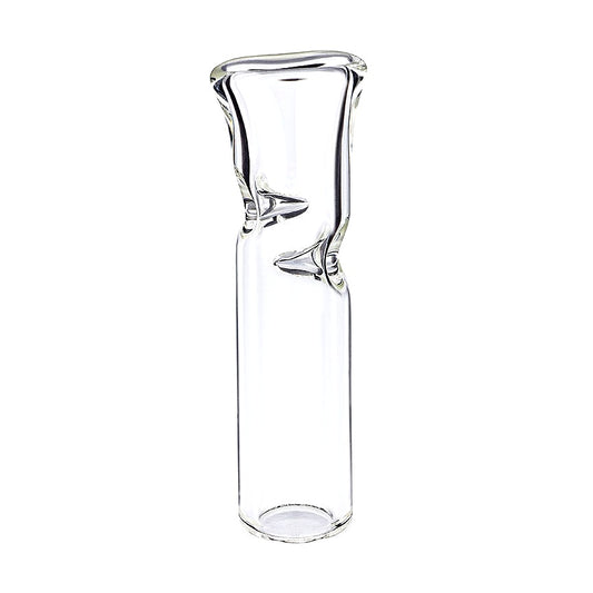 Clear glass carafe with shark fin design on a white background