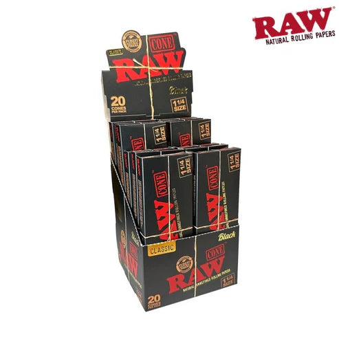 RAW Black Classic Cones | 1 1/4 Size | 1bx | 20 Cones per Box