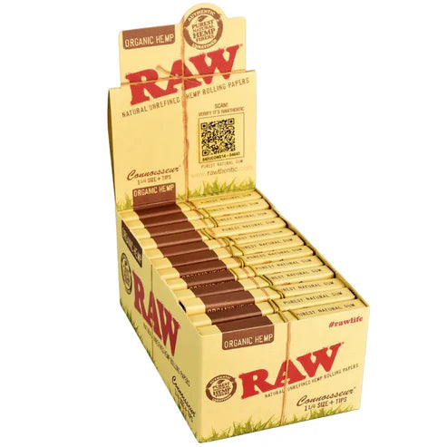 RAW Connoisseur Organic Hemp Rolling Papers & Tips | 1 1/4 Size | 1pk | 50 Tips per Pack | 50 Leaves per Pack