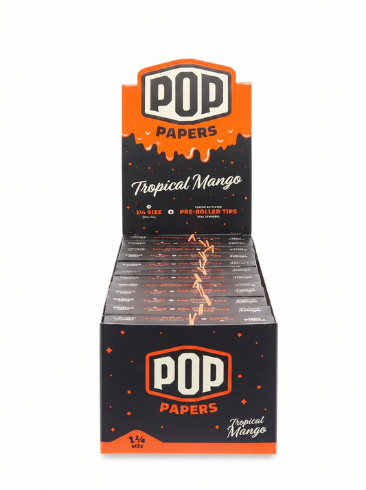 Pop Rolling Papers w/ Flavored Filter Tips | Tropical Mango | | 1 1/4 | 24 Leaves & 8 Pre-Rolled Tips per Pack