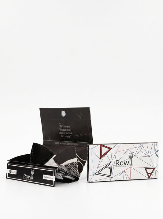 Rowll All-In-One Rolling Paper Kit | King Size Extra Slim | 1bk | | 32 Tips per Booklet | 32 Leaves per Booklet + Grinder Plate