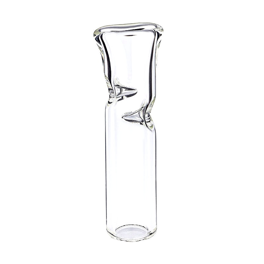 Clear glass carafe with shark fin design on a white background