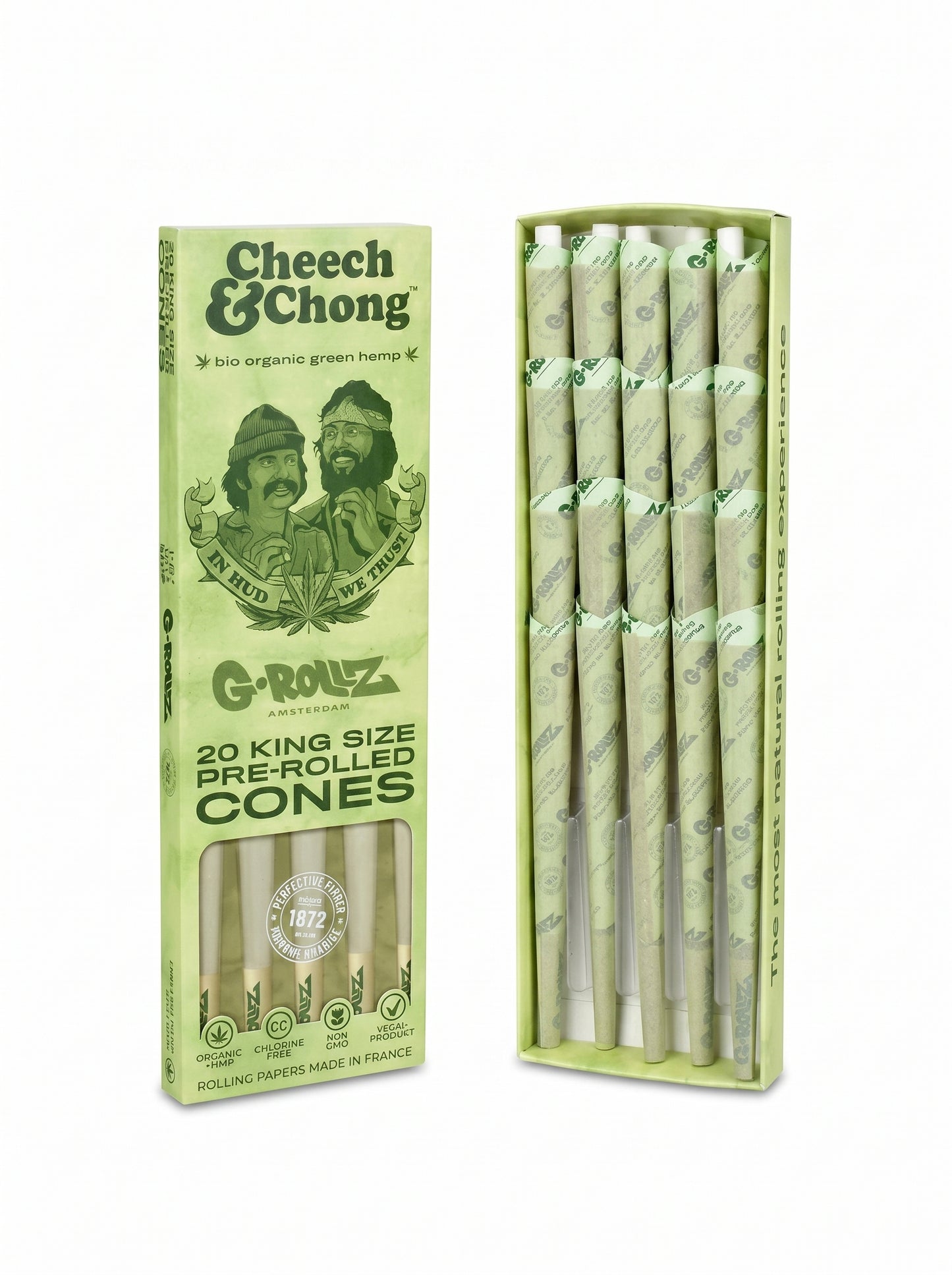 Cheech & Chong™ x G-ROLLZ Organic Hemp Cones | King Size | 1bx | 20 Green Cones per Pack