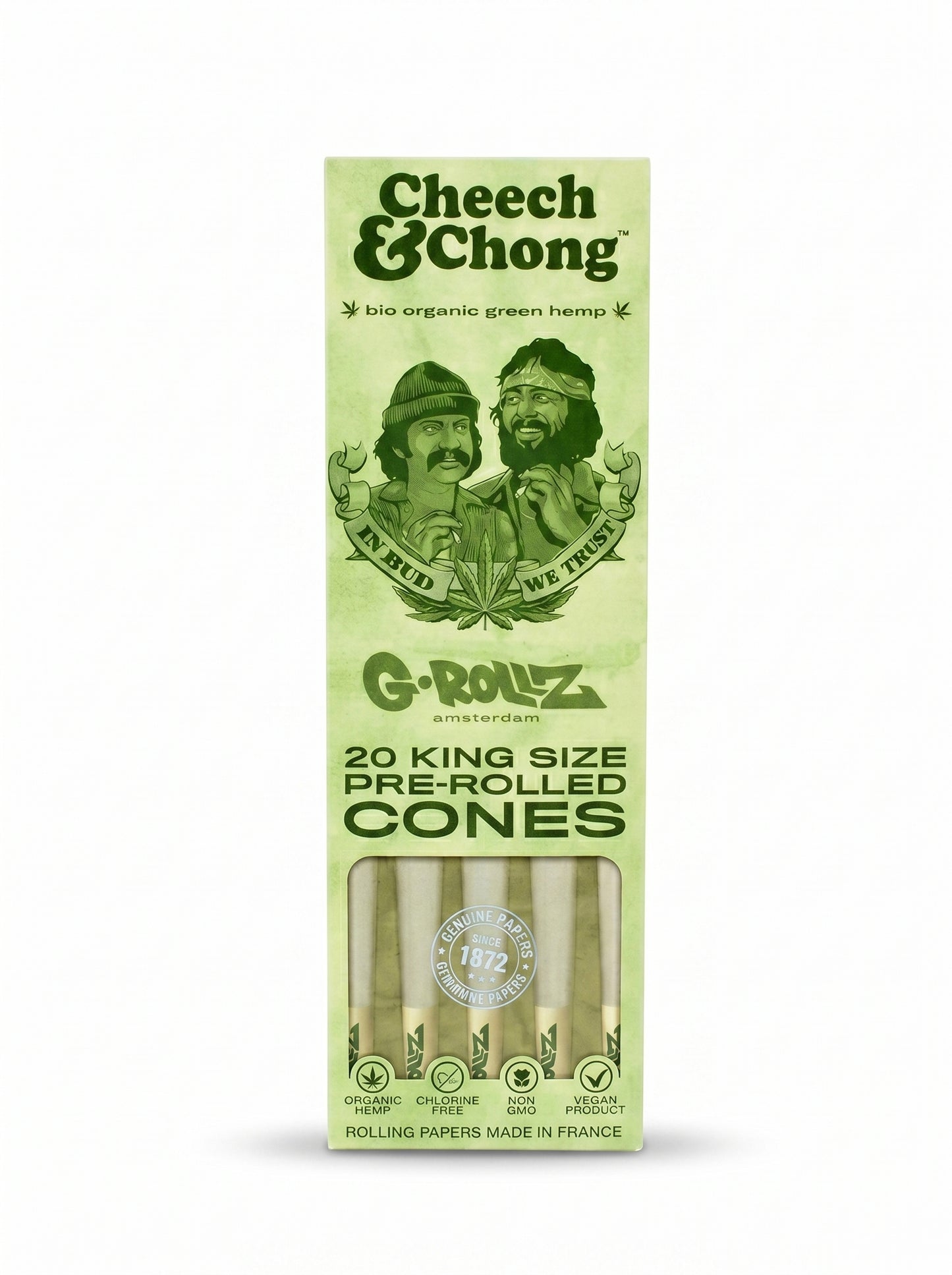 Cheech & Chong™ x G-ROLLZ Organic Hemp Cones | King Size | 1bx | 20 Green Cones per Pack