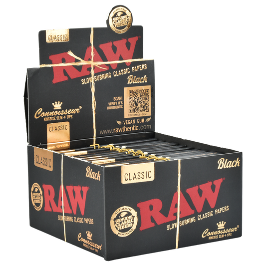 RAW Black Classic Connoisseur Rolling Papers & Tips | King Size Slim | 1pk | 32 Tips per Pack | 32 Leaves per Pack