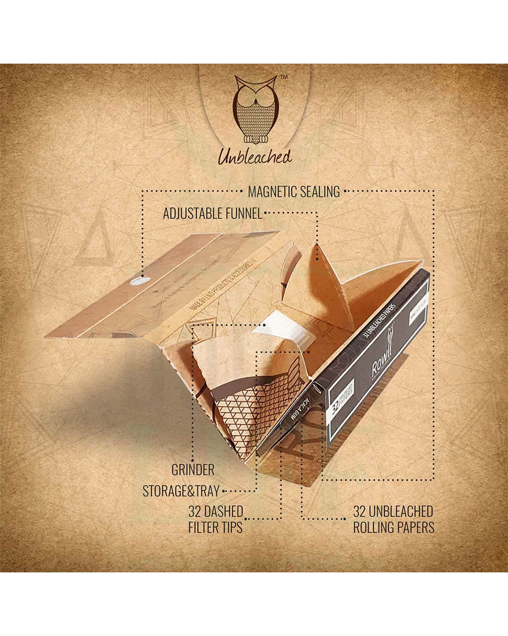 Rowll All-In-One Unbleached Rolling Paper Kit | King Size Extra Slim | 1bk | | 32 Tips per Booklet | 32 Leaves per Booklet + Grinder Plate