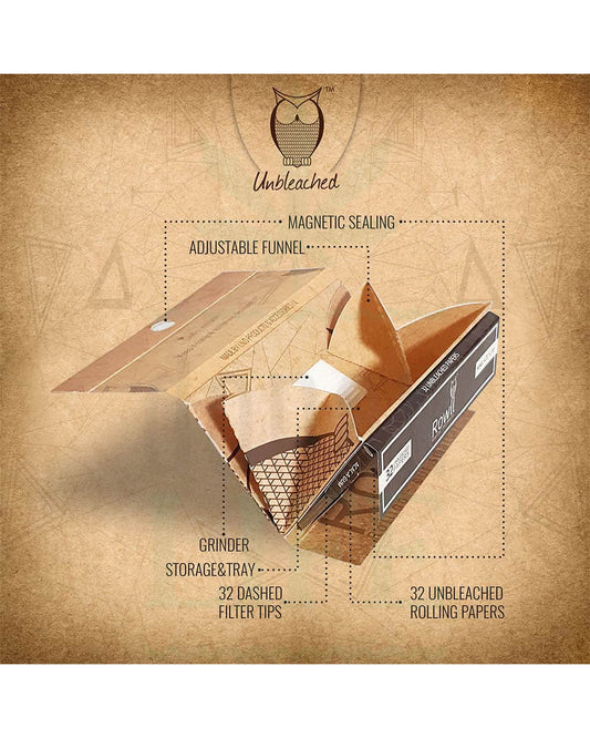 Rowll All-In-One Unbleached Rolling Paper Kit | King Size Extra Slim | 1bk | | 32 Tips per Booklet | 32 Leaves per Booklet + Grinder Plate